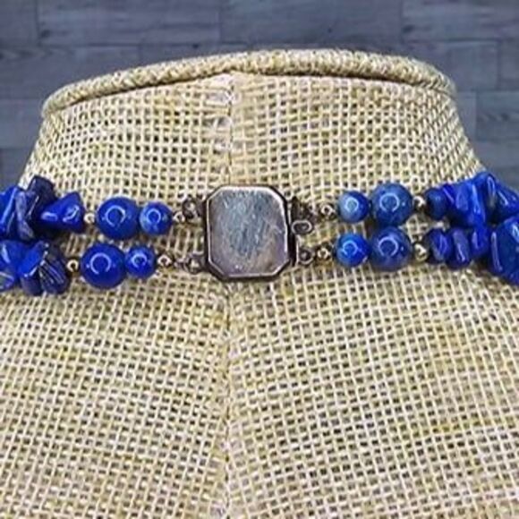 Lapis Lazuli, Sodalite Chip 2 Strand Necklace Large Druzy Pendant 18"L - Picture 4 of 7